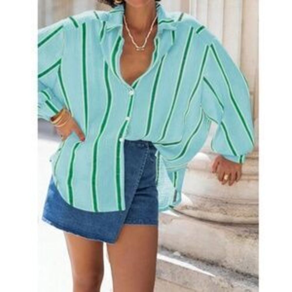 Button-Down Striped Relaxed Shirt - Mint Green - Picture 5 of 5